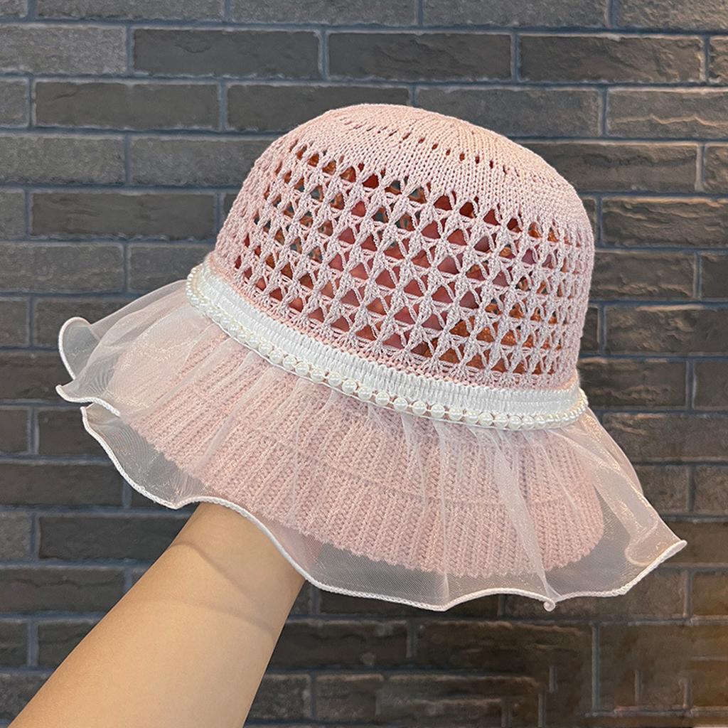 Women's Summer Large Brim Sun Hat Elegant Beads Lace Ruffle Trim Beach Sunshade Caps Hollow Out Breathable UV Protection Hats