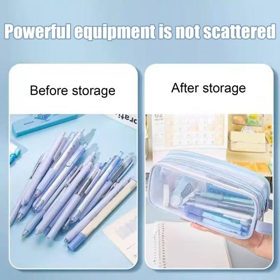 Transparent Mesh Pencil Case Large Capacity Double Layer Pen Bag for Students Lightweight Stationery Pouch for School Office Exams