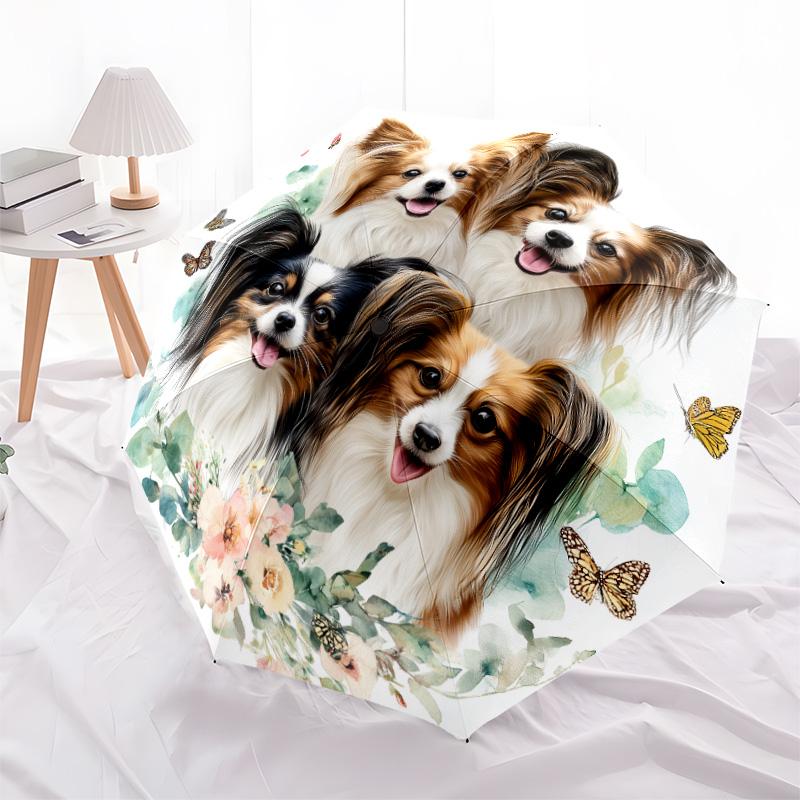Papillon with Tongue Sticking Out  Pattern, Automatic Folding Umbrella, Portable and Foldable Design, 8 Ribs, a Christmas or Birthday Gift.