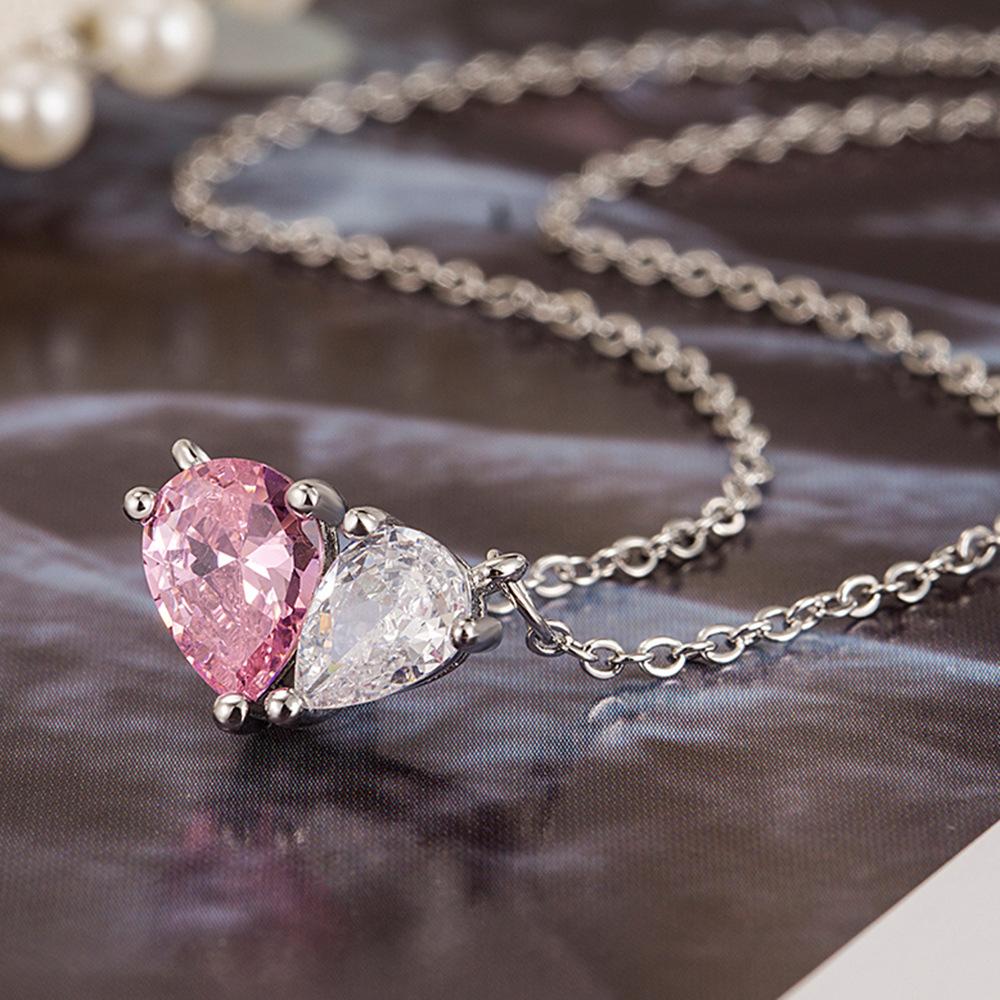 Temperament Love Jewelry Set Pink Zircon Heart Stud Earrings Necklace Design Sense High-End Light Luxury Women'S Gift