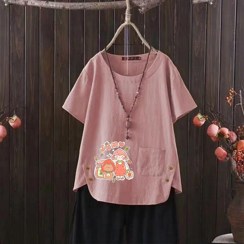 Nordic Style Balloon Series Print V-neck Cotton Hemp T-shirt for Women - 2025 Summer Light & Airy