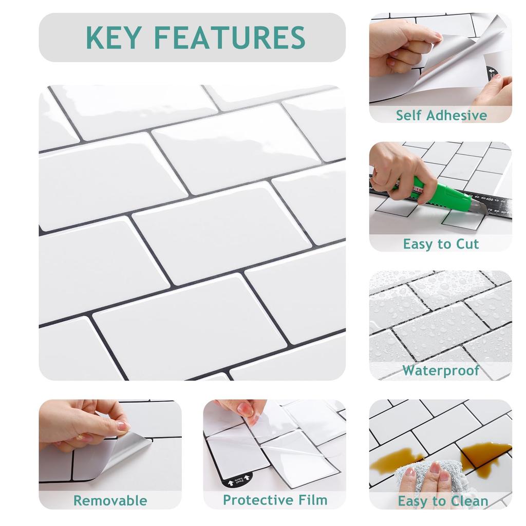 VEELIKE Waterproof Kitchen Tile Stickers, Heat Resistant, 6 Sheets, 30x30cm, Brick Pattern, White, Glossy, 3D Wallpaper Stickers, Wall Stickers, Mosai