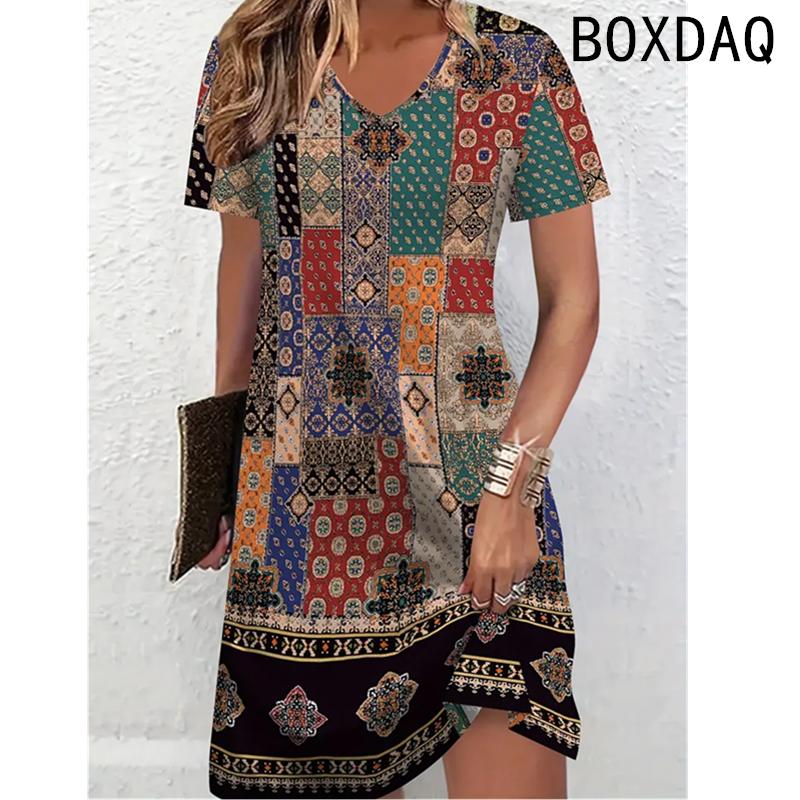 Women Dress Summer Short Sleeve O-Neck Casual Loose A-Line Dress Big Size 3D Striped Printing Elegant Vintage Dresses