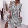 Print V Neck Dress Women Casual Loose Boho Beach Holiday Dress