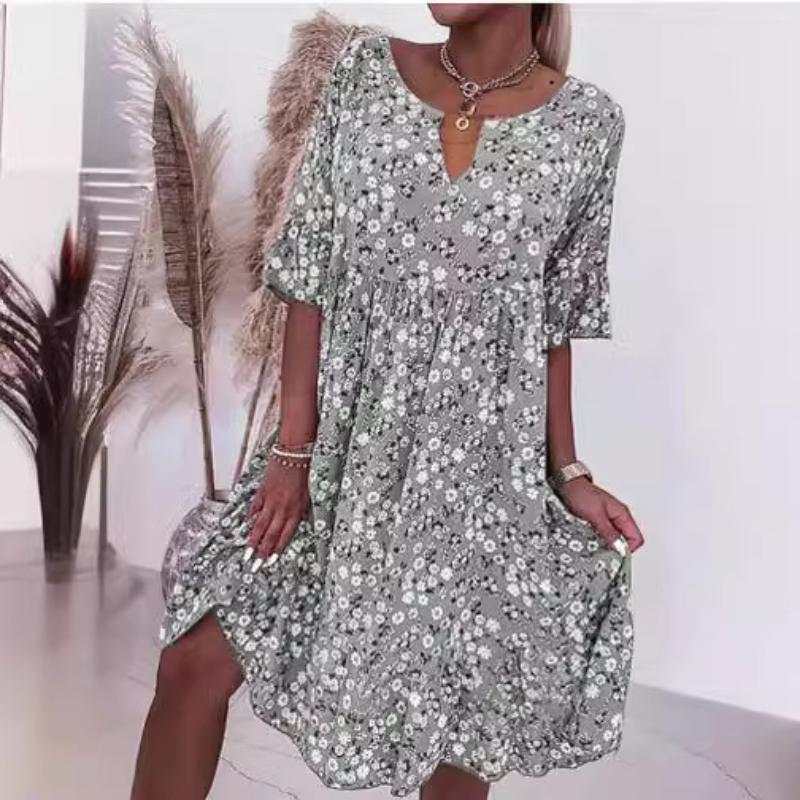 Print V-hals Kjole Dame Casual Løs Boho Strand Feriekjole