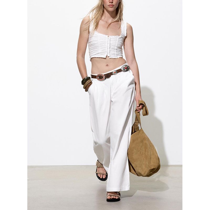 Spring and Summer Women's Clothing Metal Hooks Cotton French Hollow Embroidered Wide Shoulder Strap round Neck Tops 4174380