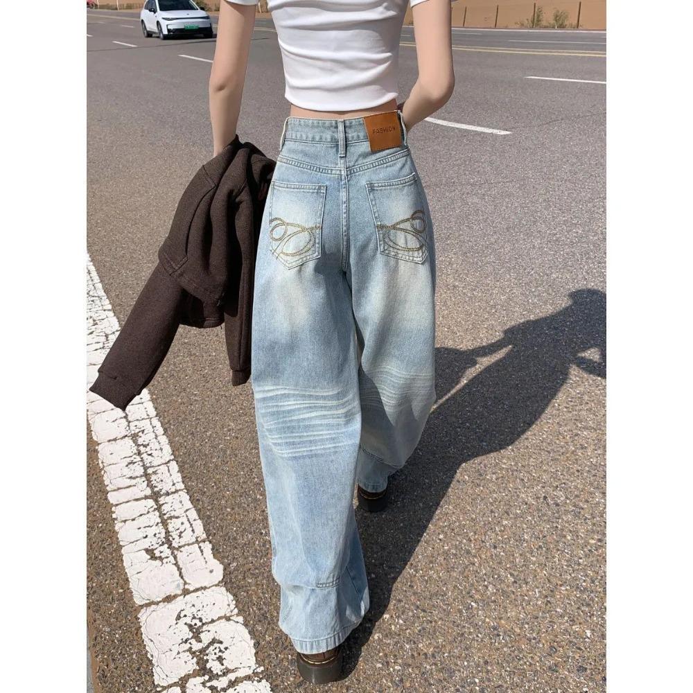 Women s High Waist Wide Leg Jeans Loose Fit Straight Leg Washed Denim Pants American Lazy Streetwear Trousers S