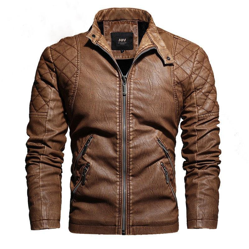 Men's European and American style leather jacket Men's fashion slim-fit locomotive PU leather jacket velvet