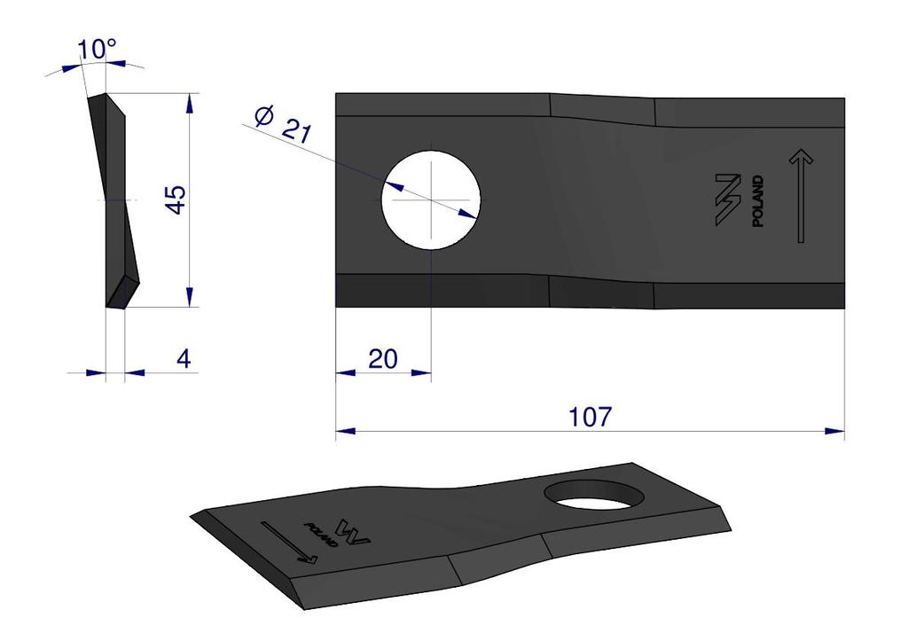 Left Mower Blade 107x46x4mm Hole 21 WARYŃSKI (sold In 25 Pieces)