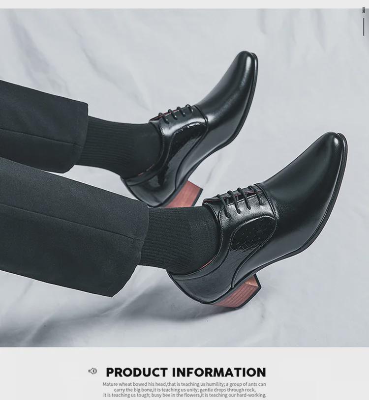 Pantofi cu toc înalt din piele cu vârf ascuțit pentru bărbați - Stil coreean-britanic, Business Casual, Pantofi de nuntă care adaugă înălțime