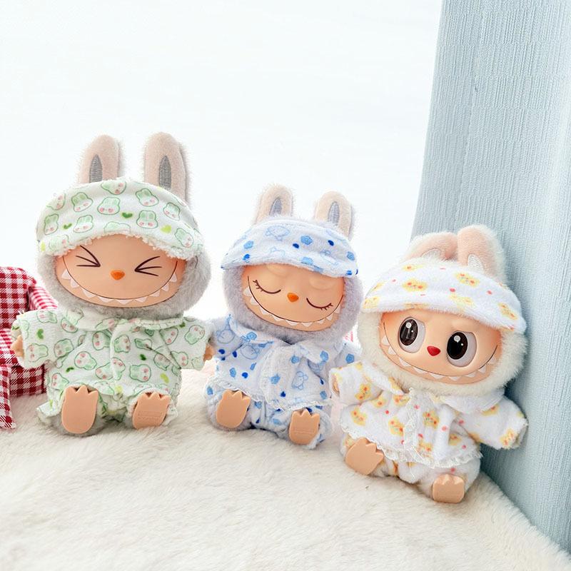 Labubu Mini Pajamas with Eye Mask Three-piece Kawaii 15-17cm V1 V2 Labubu Clothes Cute Idol Plush Doll Accessories