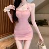 Flower Pink Suspender Dress Women's Summer Pure Desire Hottie Sexy Hip Skirt with Chest Pad Neck Tube Top Skirt