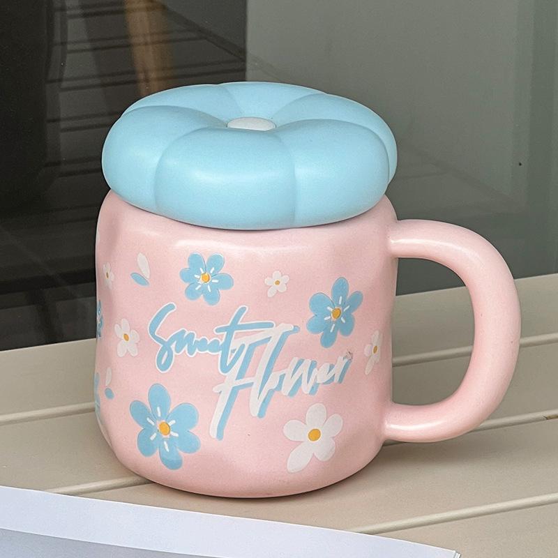 Cute Ceramic Cup with Lid High Value Ins Style Household Couple Water Cup Gift Box Creative Hand Gift Mug