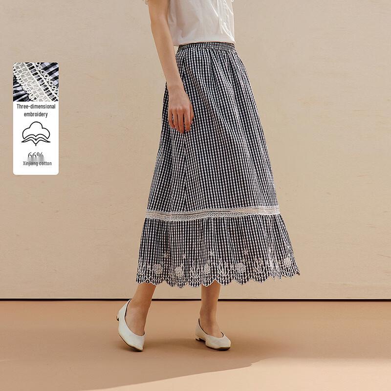 INMAN Retro Plaid Embroidered A-Line Skirt S