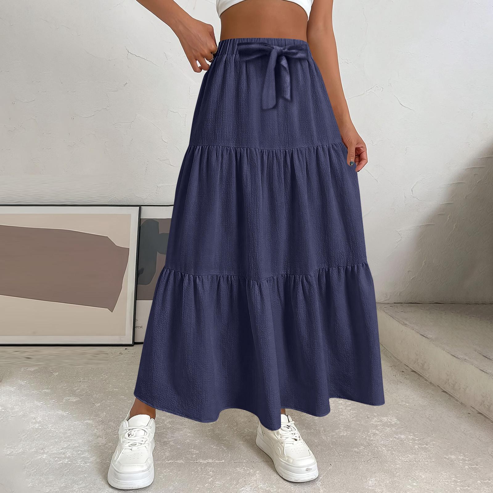

Женская весенняя повседневная длинная юбка с оборками, однотонная юбка, ретро-юбка в складку XXL тёмно-синий
