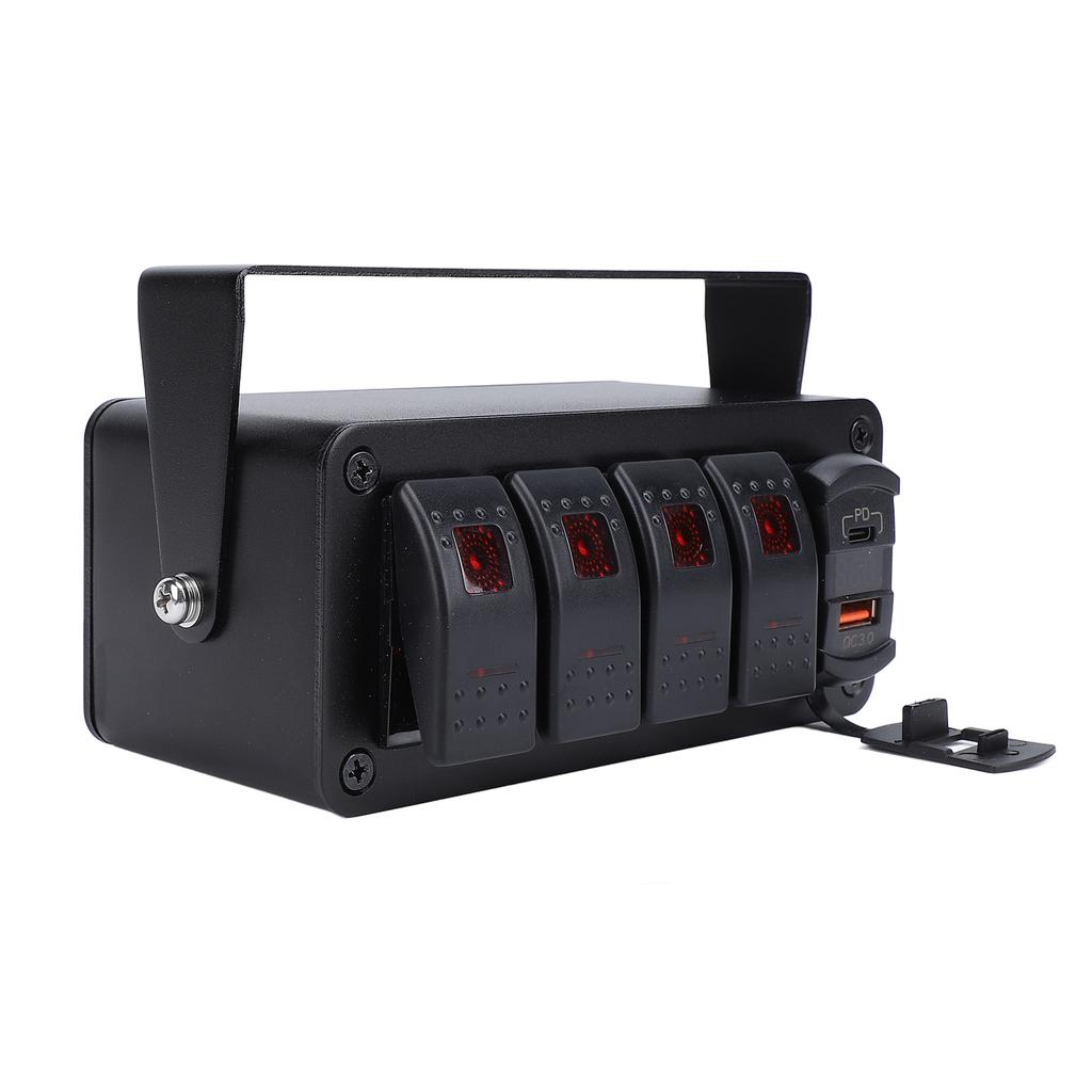 4 Gang Rocker Switch Panel with PD Type C QC3.0 USB Charger Waterproof Universal Fit for Car Truck Boat RV UTV ATV Red