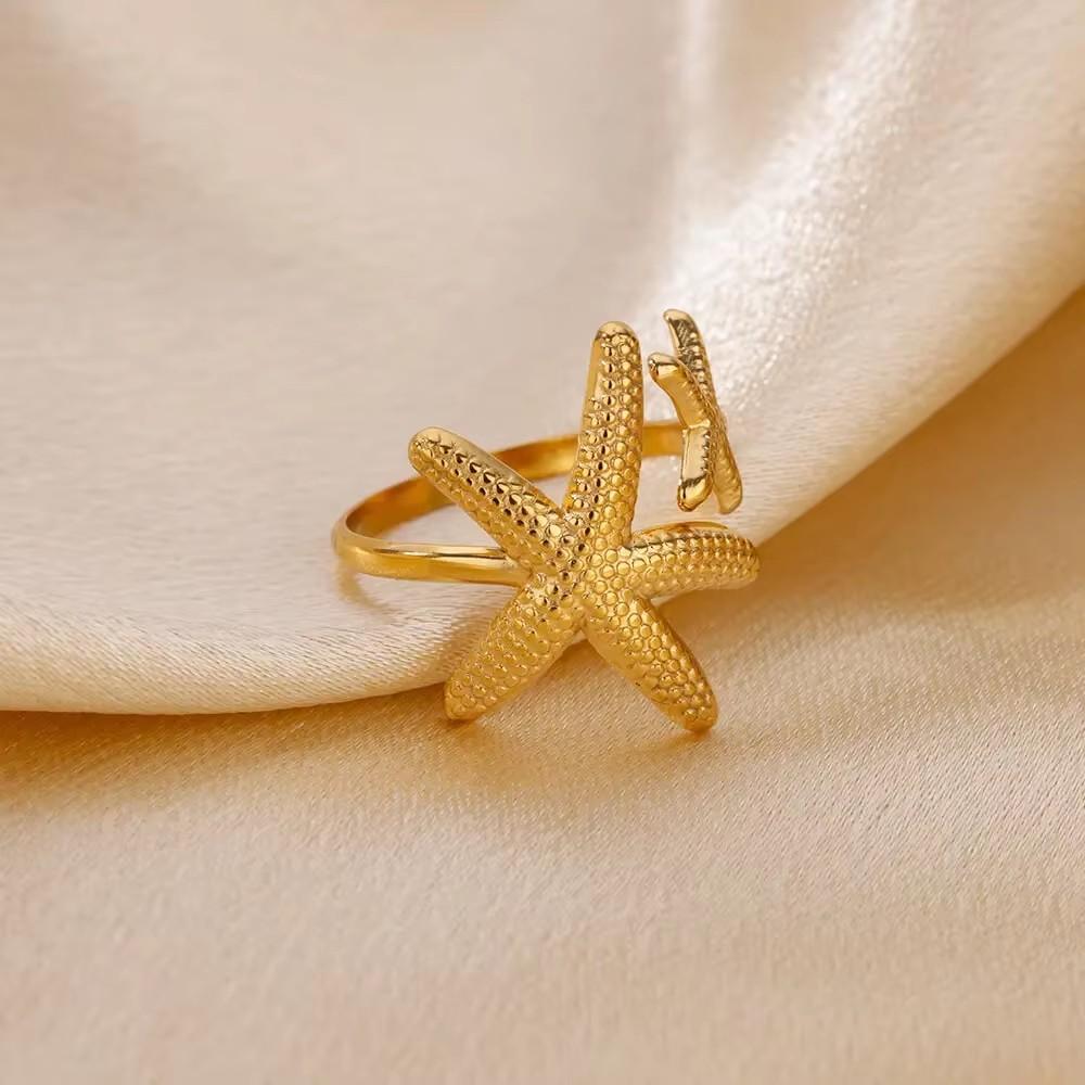 Dainty Zircon Shell Starfish Turtle Evil Eye Rings Stainless Steel Ring Women Anti Fading Golden Charm Zircon Accessories Gifts