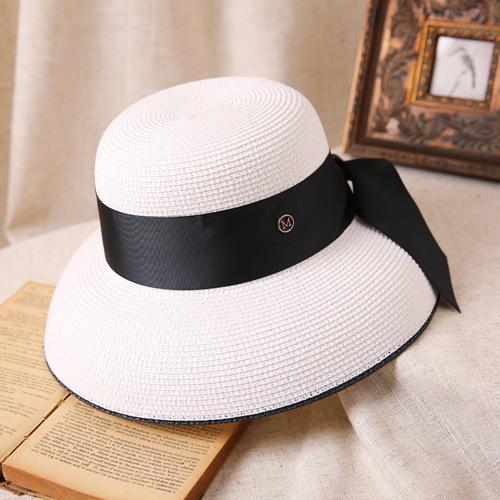 Hepburn Bow Ribbon Sun Hat Women'S Straw Hat Bucket Hat Color Sunscreen Sun Hat Beach Hat