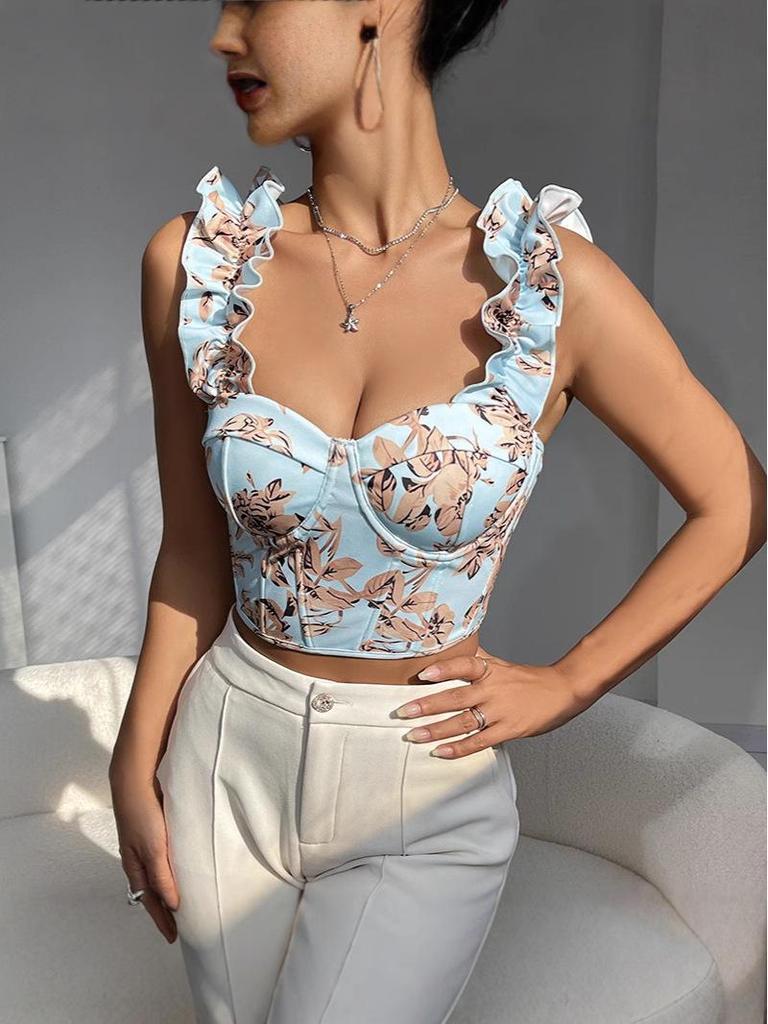 2025 Sommer Süßes V-Ausschnitt Print Slim Fit Wickeloberteil mit Brustpolster
