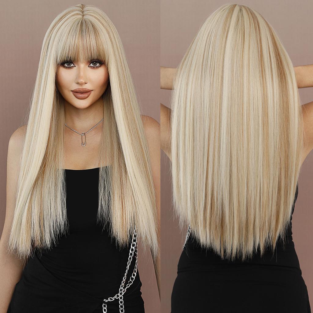 Long Straight Light Blonde Wig For Women Daily Party Highlight Brown Synthetic Layered Hair Wigs With Bangs Halloween Cosplay