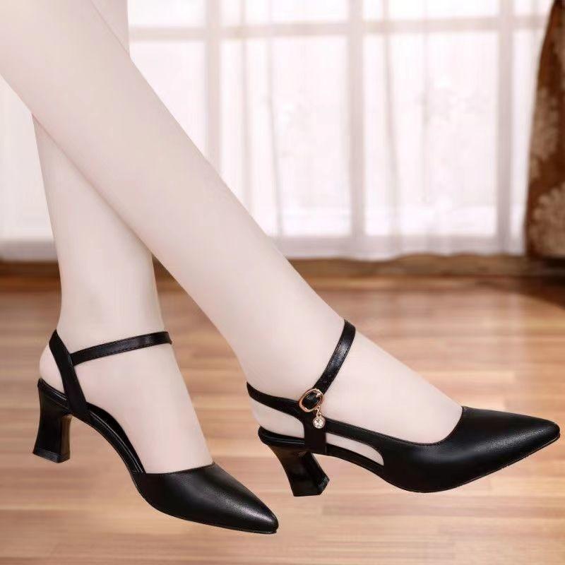 One-character buckle high-heeled sandals women's shoes 2025 spring new casual thick-soled bag head pointed comfortable fairy style