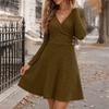 Women's Ribbed Knit Dress, V-Neck Long Sleeve A-Line with Fitted Waist for Casual Wear