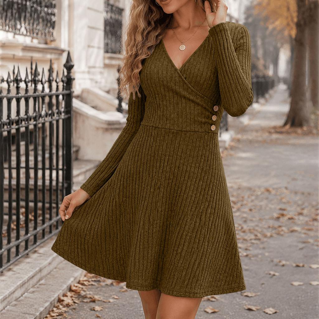 Women's Ribbed Knit Dress, V-Neck Long Sleeve A-Line with Fitted Waist for Casual Wear