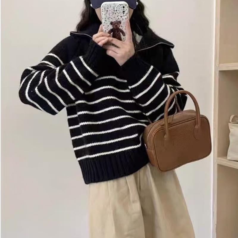 New Loose Casual Knitted Pullover Striped Women Sweater Autumn/Winter Half Zipper Fashion Korean Long Sleeve Short Top Office Knitwear Simple Clothing