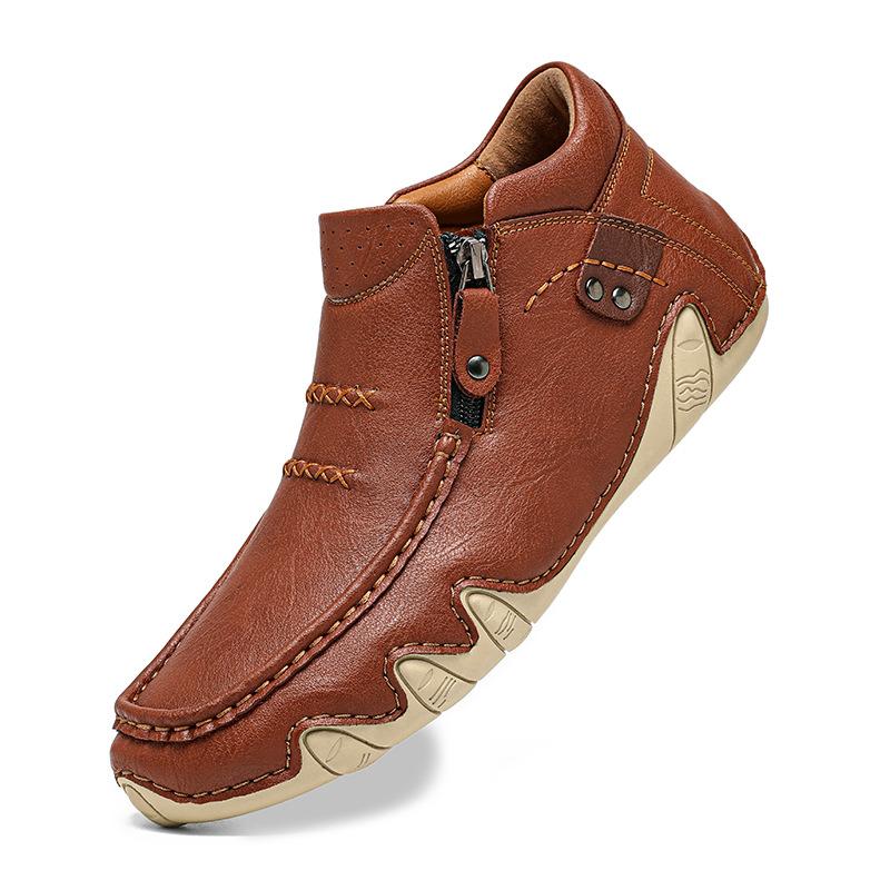 2025 nya stora herrstövlar i läder mode handstickade ankelstövlar platta korta stövlar dragkedja vardagsskor