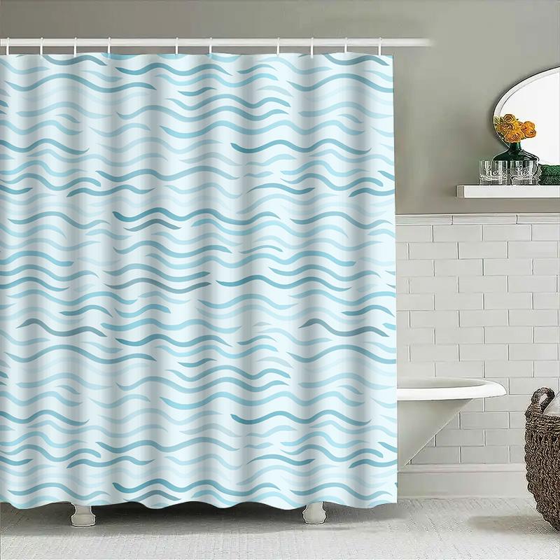Wave Pattern Shower Curtain Modern Blue And White Design For Bathroom Decoration Easy To Install And Washable Perfect Gift Idea