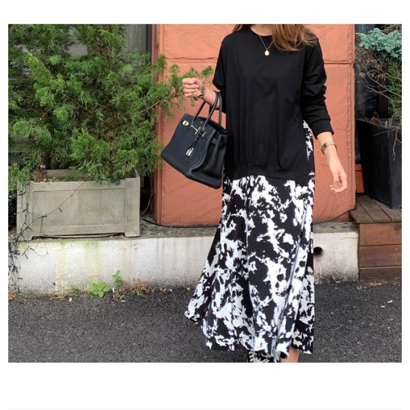Tooxika Women's Large Size Long Sleeve T-shirt Splicing Printed Large Swing Dress Round Neck Fake Two-piece Long Dress
