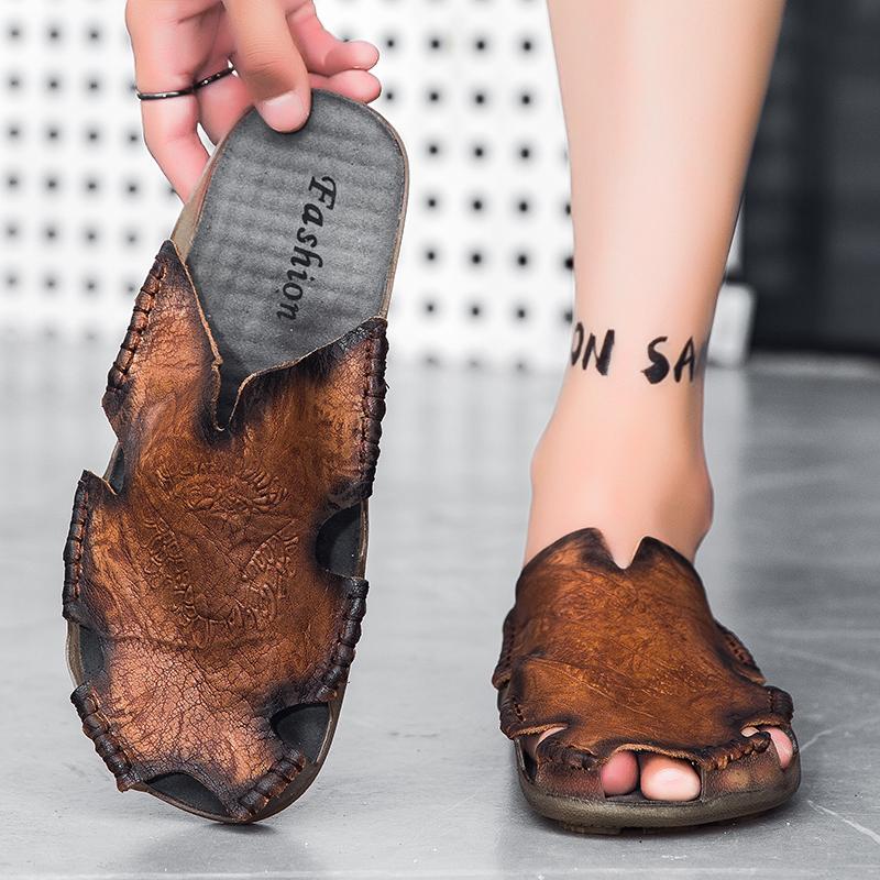 Black Soft Leather Sandals Men Flat Slides Slippers Outdoor Beach Sandals House Slip On Sandals Summer Shoes