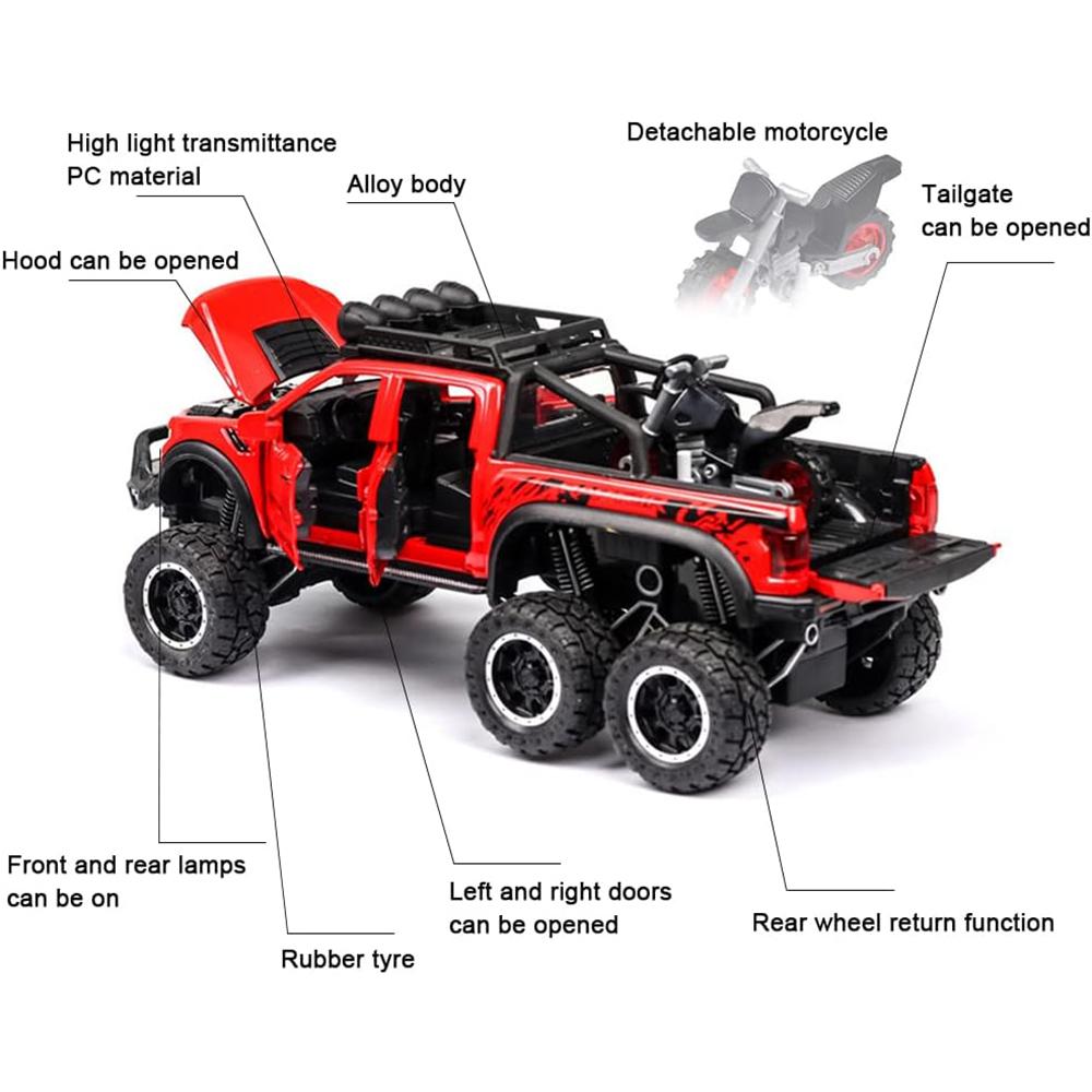 1/24 Scale Toy Pickup Trucks, Truck Toy, Ford F150 Diecast Metal Pickup with Sound and Light, 6x6 Off-Road Pull Back Trucks with Motorcycle for Kids