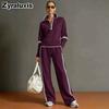 New Casual Sports Set Wind-Breasted Color Block Hoodie Wide Leg Pants Two Piece Outfit