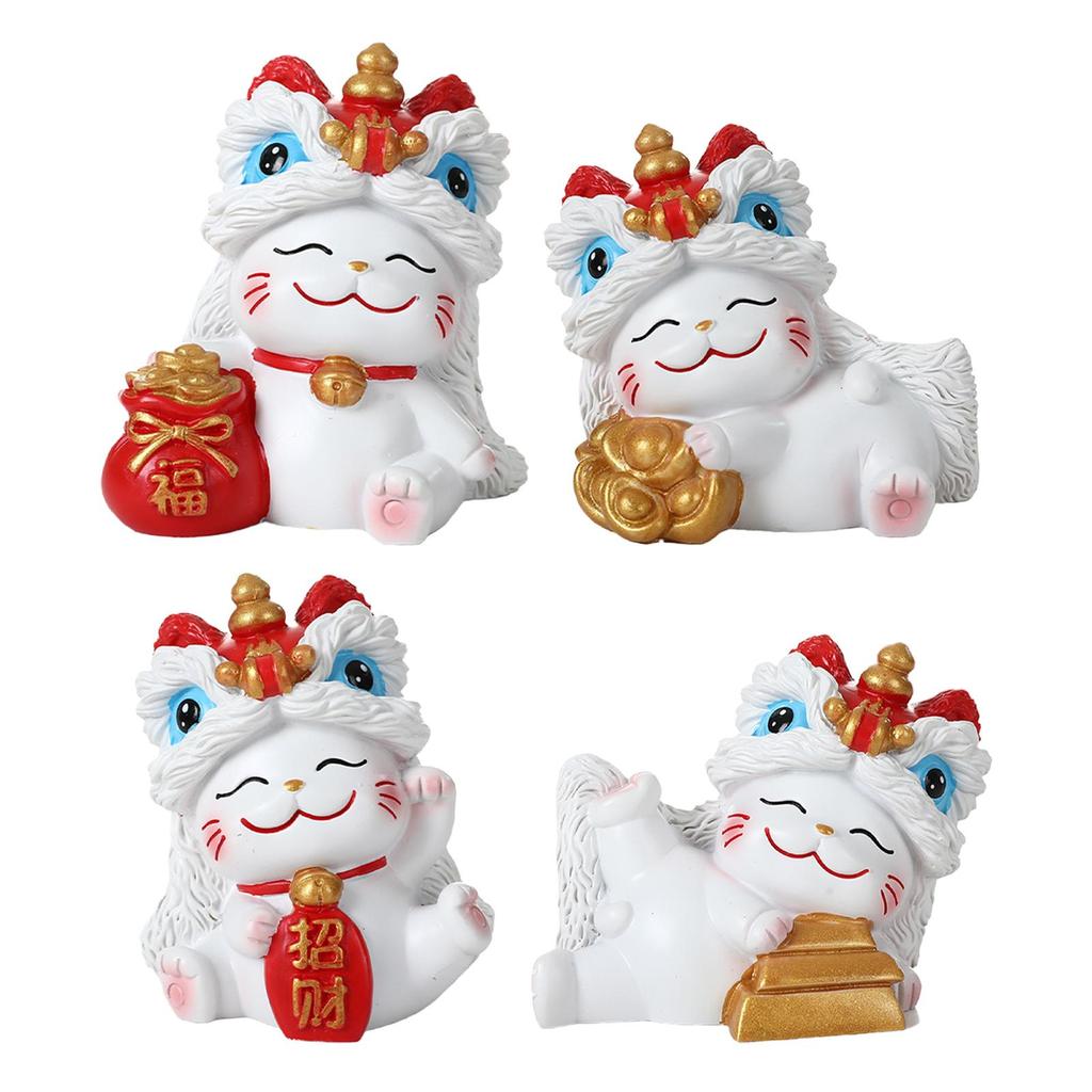 Lucky Cat Figurine Resin Decorative Animal Sculpture Miniature Things Shelf Ornament for Home Office Car Dashboard