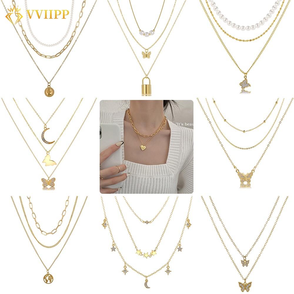 iF ME Fashion Butterfly Lock Heart Pendant Necklace Retro Multilayer Gold Silver Chain Choker for Women Accessories Jewelry