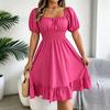 Women's Square Neck Puff Sleeve Midi Dress, Smocked Waist Ruffle Hem A-Line Casual Dress for Spring and Summer