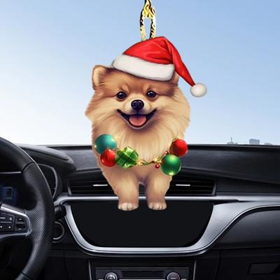 Christmas Dog Rearview Mirror Pendant Car Ornament Decoration Cute Puppy Wearing Christmas Hat Christmas Tree Decorations Car Accessories
