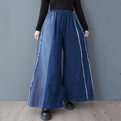 Spring Autumn Plus Size Vintage Patchwork High Waist Casual Loose Women Jeans Denim Wide Leg Pants
