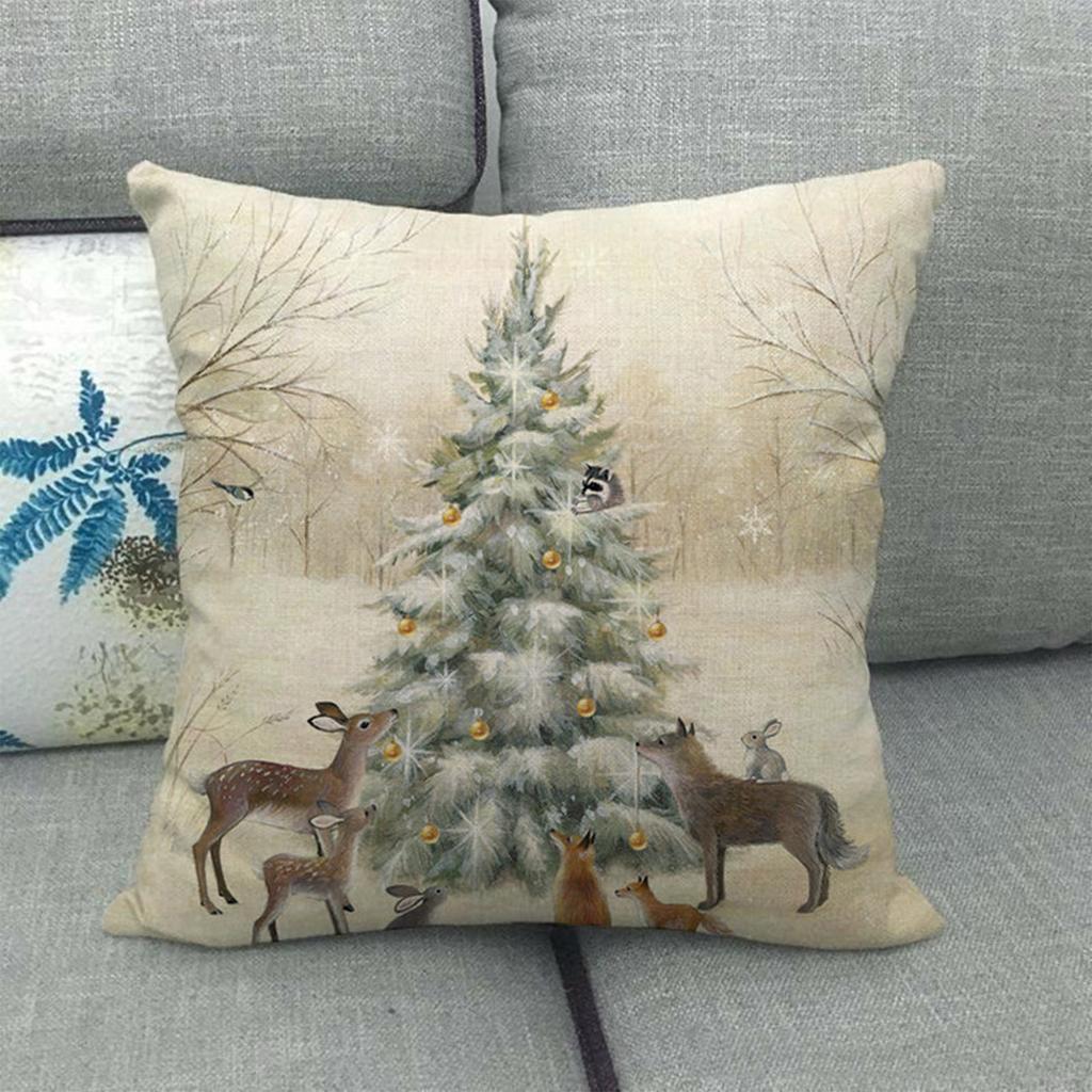 Christmas Pillow Cover Linen Hand-painted  Home  Claus Elk Pillow Cover Sofa Cushion Cover