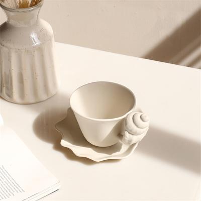 1Set Original Design Frosted Ceramic Conch Shell Coffee Cup and Saucer, Ocean Style Conch Shell Shaped Mug Coffee Cup and Saucer for Home Decoration