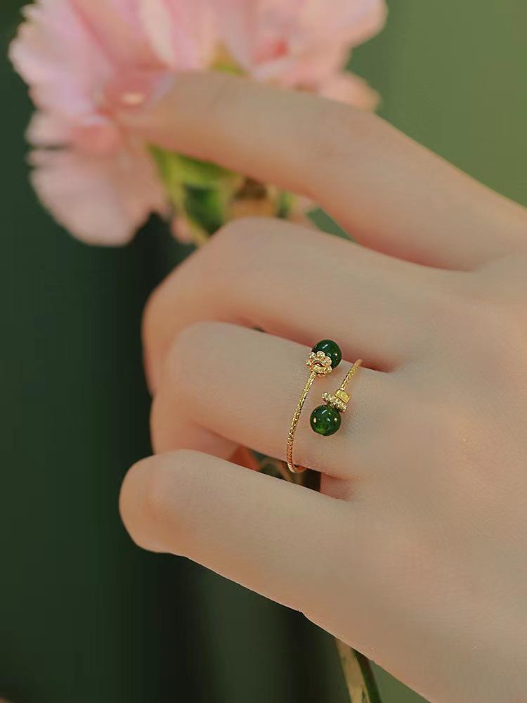 

Элегантное золотое кольцо с открытым дизайном, с изумрудом и нефритом Хэтянь - Женский аксессуар для пальца в стиле легкой роскоши Adjustable Open золотой