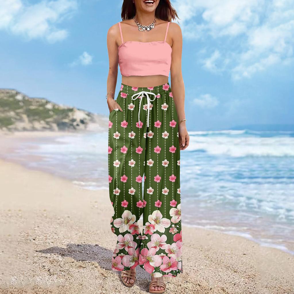 Dames zomer boho palazzo broek met hoge taille, wijde pijpen en bloemenprint, casual broek met zakken