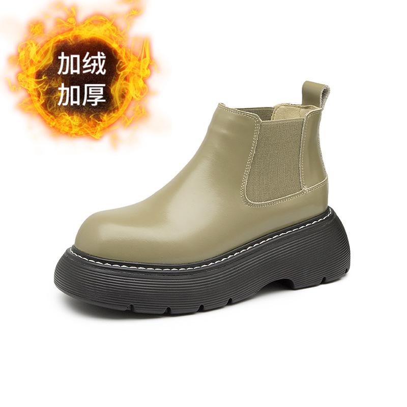 Cigarette boots women's autumn and winter new soft leather platform short boots velvet Chelsea boots British Martin boots