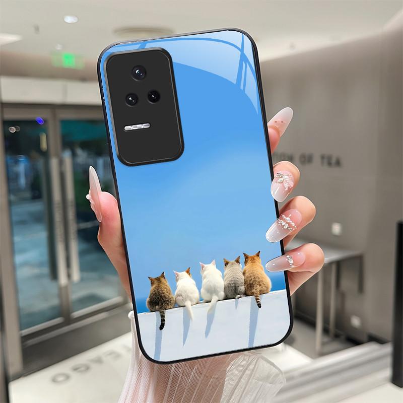 Beautiful Flower Cute Cats Case For Xiaomi Poco F4 5G / Redmi K40S Tempered Glass Phone Case Protective Back Cover Hard Shell