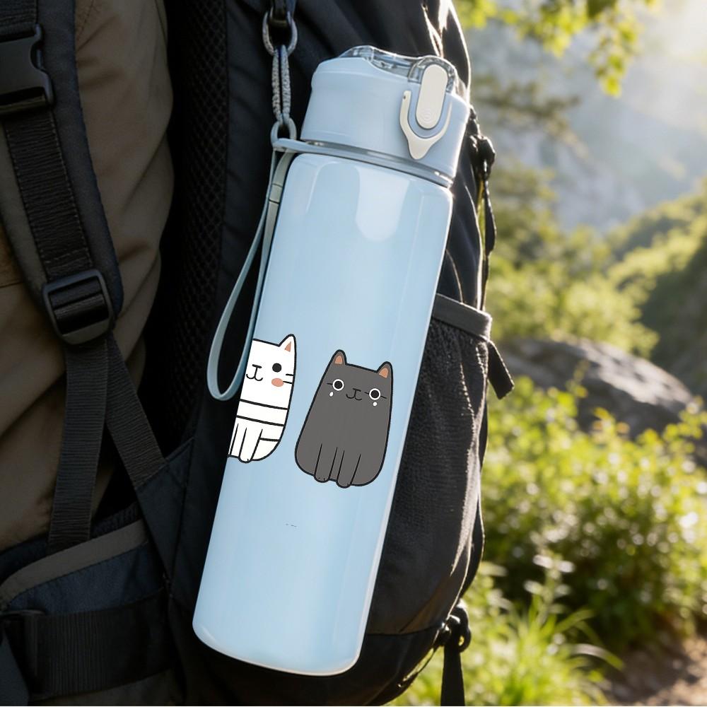 1PC Three Minimal Cat Faces 750ml Color Plastic Sports Water Bottle Leakproof Flip Straw Lid Suitable for Sports Office Home Use