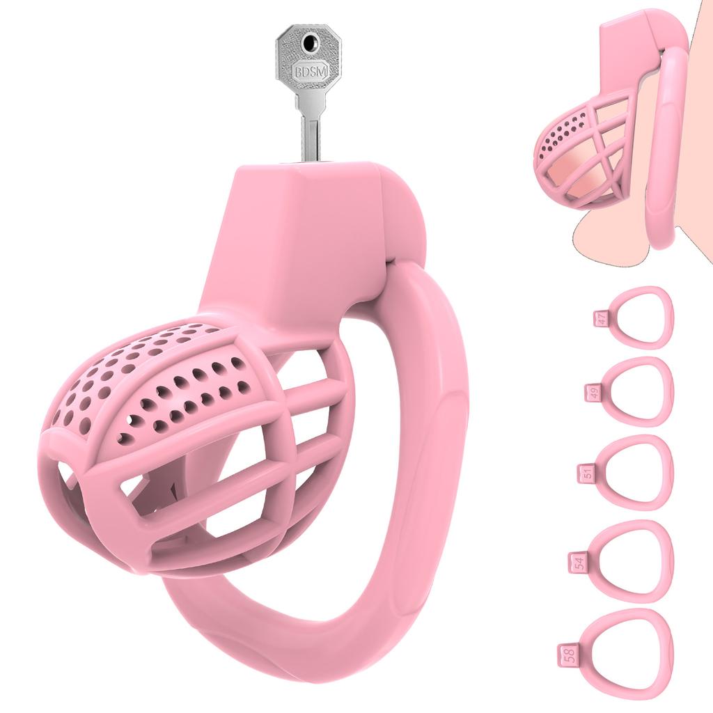 Pink Adjustable Male Chastity Device with Birdcage Cage 5 Ring Sizes Secure Long-Term Chastity Harness for BDSM Training Couple
