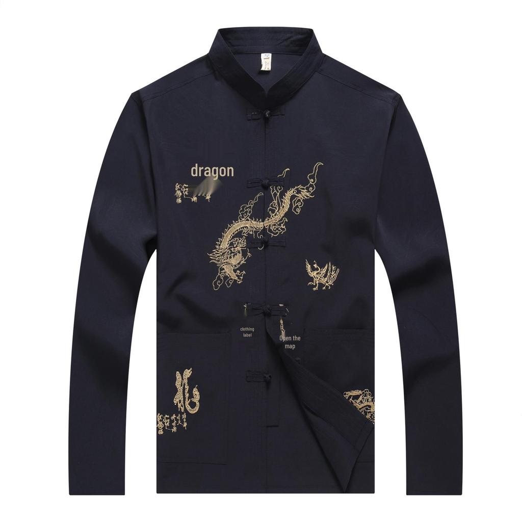 Traje Tang de seda para hombre: Traje de Kung Fu Tai Chi de Manga Larga para Primavera y Otoño