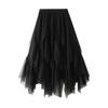 Women's Lotus Leaf Edge A Line Fairy Elastic Waist Tulle Skirt Midi High Waist Mesh Dress Solid Color Irregular Yarn Skirt