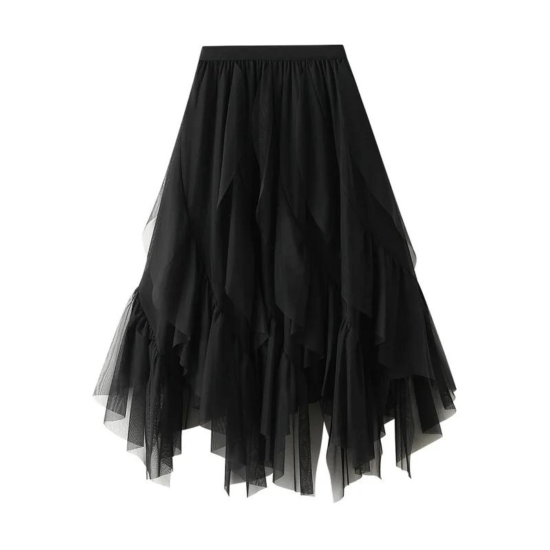 Women's Lotus Leaf Edge A Line Fairy Elastic Waist Tulle Skirt Midi High Waist Mesh Dress Solid Color Irregular Yarn Skirt
